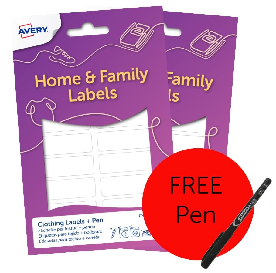 Avery Clothing Name Labels with Pen, 72 Stick-On Labels for Clothes, No Ironing or Sewing, Machine-Washable, 45 x 13mm, White, Ideal for School Uniform, Nursery, Care Homes, 2 Packs (ETVET36X2PEN.UK)