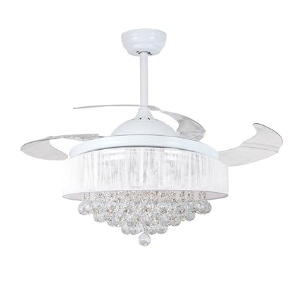 42 Crystal Pendant White Ceiling Fan Light Retractable Blade Led
