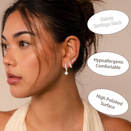 Halora 3 Pairs 925 Sterling Silver Studs Hoop Earrings Set for Women 14K Gold Earring Stacks Hypoallergenic Cartilage Earring Sets for Multiple Piercings Jewellery Valentines Gifts