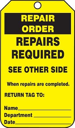 Accuform Signs Trs247Ctp Status Record Tag, Legend "Repair Order Repairs Required See Other Side", 5.75" Length X 3.25" Width X 0.010" Thickness, Pf-Cardstock, Black On Yellow (Pack Of 25) (846642046958)