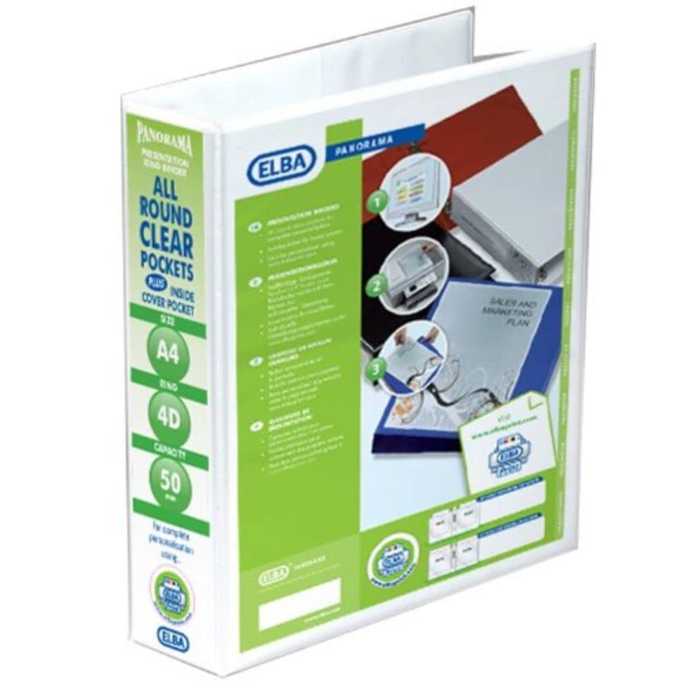 Elba Panorama Presentation Binder PVC 3 Cover Pockets 4 D-Ring 50mm A4 White Ref 128907 [Pack of 10]