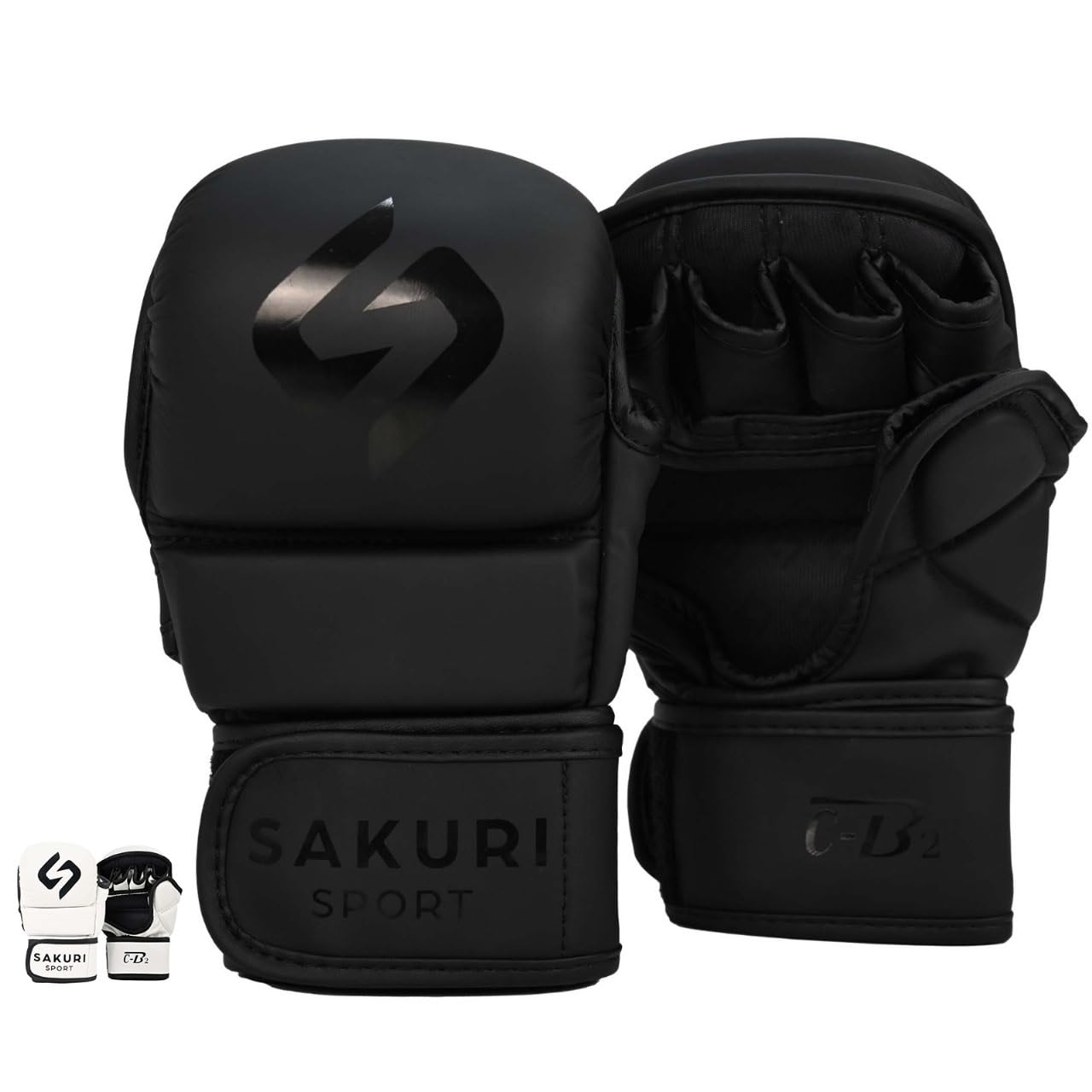SAKURI MMA Sparring Gloves, Maya Hide Leather, Black Grappling Martial Arts Training Mitts, Cage Fighting Combat, Muay Thai, Kickboxing, Boxing (S/M, Black)