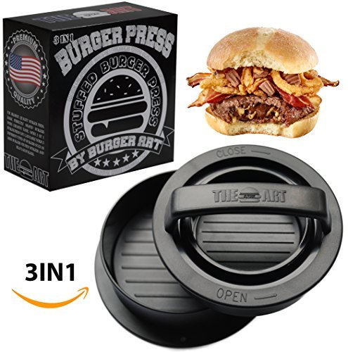 Burger Press With Recipe EBook, Different Size Patty Molds And Non Sticking Coating, Unique 3 In 1 Stuffed Hamburger Maker, With 30 FREE Patty Papers, Discover New Tastes With Burger Art