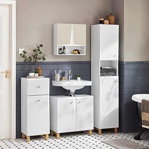 SoBuy Tall Slim Bathroom Storage Cabinet with 2 Doors and 1 Drawer, Long Cabinet Storage Narrow Standing Storage Cupboard for Laundry Room, Kitchen and Corner Spaces, White, BZR91-W