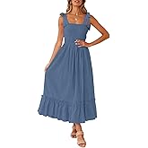 ZESICA Women's 2026 Summer Boho Spaghetti Strap Square Neck Solid Color Ruffle A Line Beach Long Maxi Dress