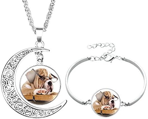 Socutee Ideal Gifts Girls, Women Cute Dog Bulldog Golden Retriever Labrador Times Gem Moon Crescent Necklace Bracelet Set
