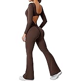 YEOREO One Piece Wide Leg Jumpsuits for Women Workout Long Sleeve Backless Flare Jumpsuit Lizvette Scrunch V Back Yoga Romper