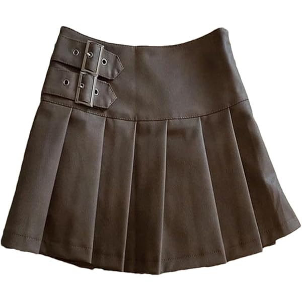 Amazon.com: Women Leather Brown Pleated Skirt Vintage