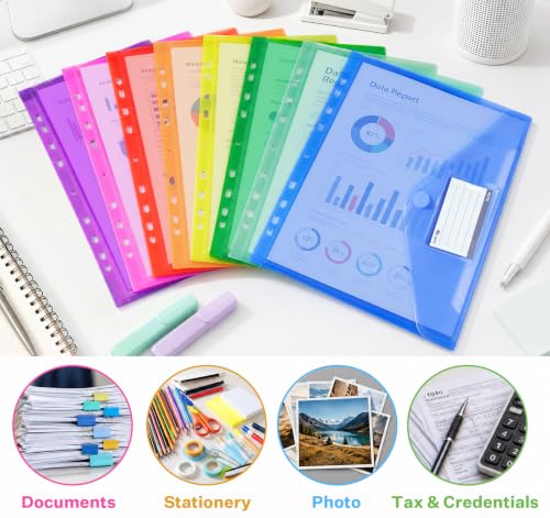 Agoer Document Wallet A4+ Filing Pack of 32 [Wider Sizes] 8 Colours Document Folder A4 Velcro with 11 Hole Edge and Label Pocket, Waterproof Transparent Folders Folder System
