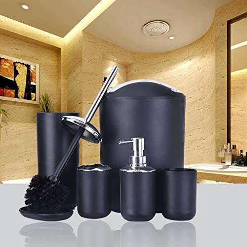 Beyonds Bathroom Accessories Set, 6 Pcs Plastic Gift Set Vanity Accessory Toothbrush Holder,Toothbrush Cup,Soap Dispenser,Soap Dish,Toilet Brush Holder,Trash Can (Black)