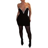Novaorily Women Sexy V-Neck Bodycon Mini Dress Halterneck Velvet Dresses for Wedding Party Night
