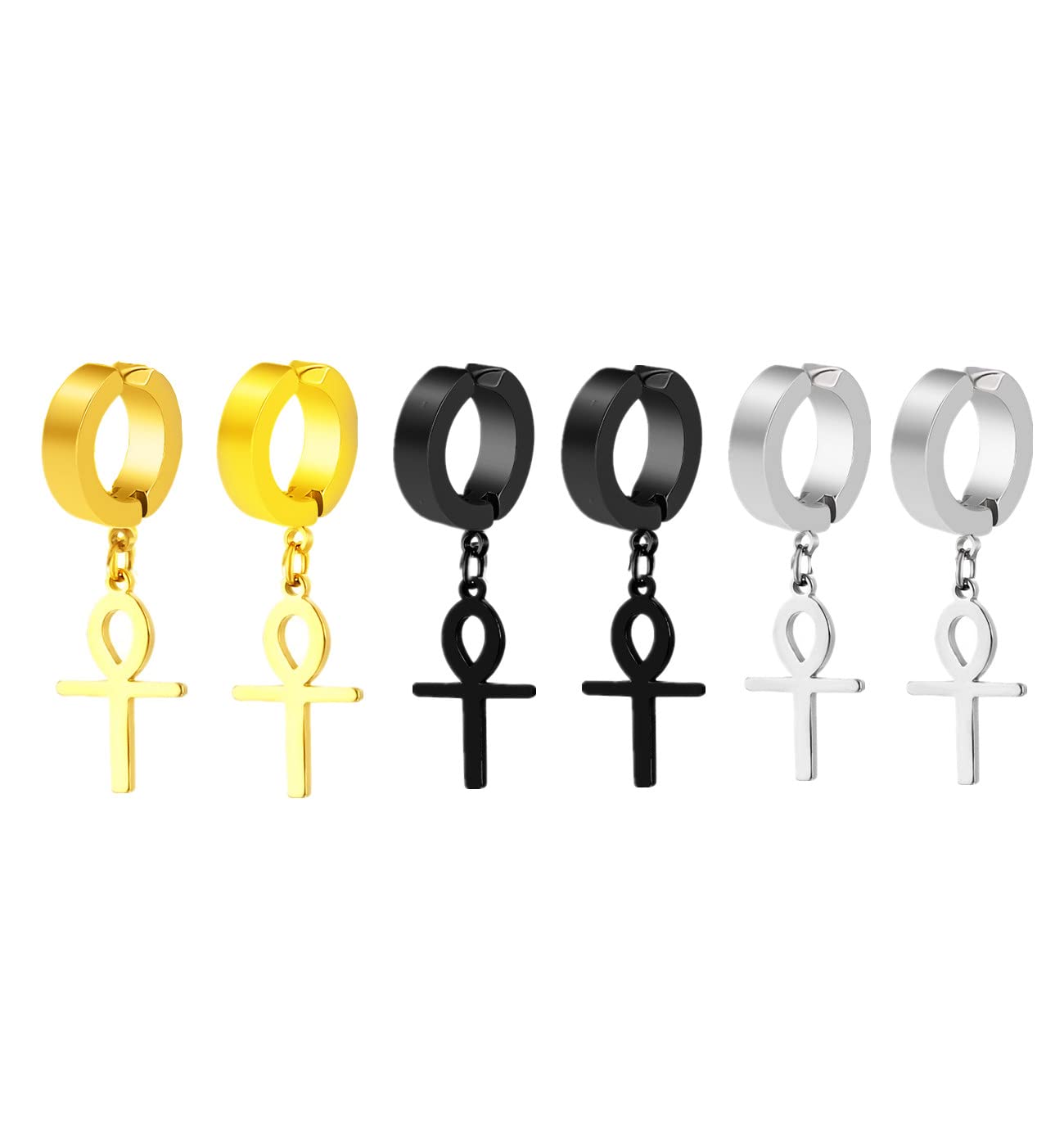 No Piercing Clip On Ankh Cross Dangle Hoop Earrings Set for Men Women Non-Pierced Egyptian Key of Life Ear Jewelry for Graduation Easter Christmas — image 1