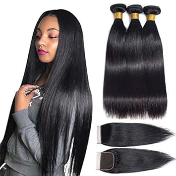 Amazon Com Brazilian Straight Hair Bundles With Closure 14 16 18