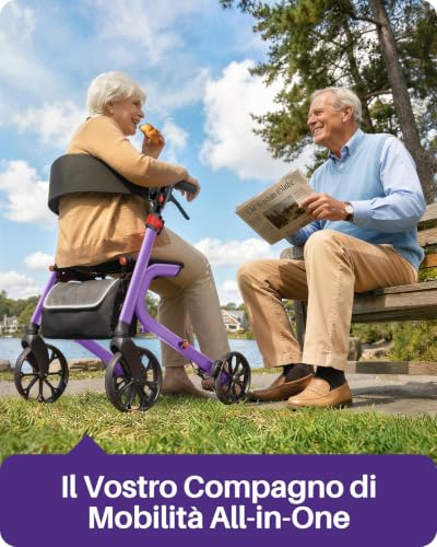 Kekoy Deambulatore per Anziani 4 Ruote con Seduta, Pieghevole, 181 kg Portata, Sedile 44 cm Largo, Ruote 25 cm Per Tutti I Terreni, Altezza Regolabile, Freni con Cavi Nascosti, Portaoggetti, Viola
