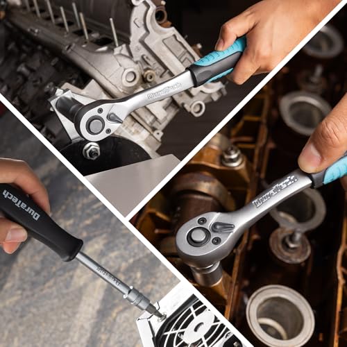 DURATECH 108 Piece Socket Set with Ratchet Wrenches and Bits 1/2 Inch and 1/4 Inch Reversible Ratchet Rattle, Extenders, Bits, Sockets, Chrome Vanadium Steel, Box Included for Car Repair