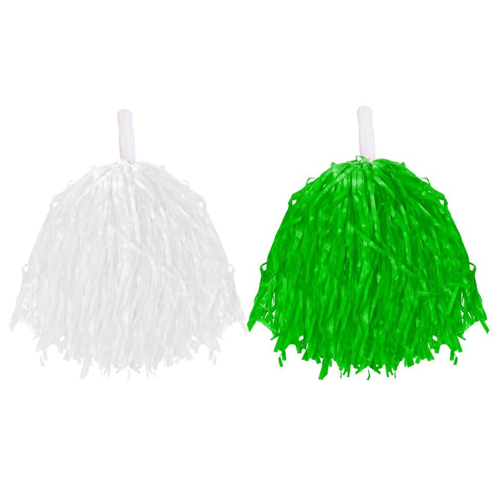 Cheerleader Pompoms Fancy Dress Costume Accessory Lightweight Pom Poms With Grip Handles for Kids & Adults. Colour: Green & White