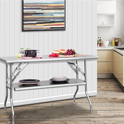 Royal Gourmet Commercial Stainless Steel Double-Shelf Folding Work Table, 48" L x 24" W