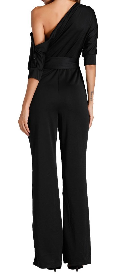 Elastic Waist 3/4 Sleeve Off Shoulder Jumpsuit Romper Women Plus Size Black XL