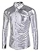 Coofandy Men's Metallic Shiny Nightclub Slim Fit Long Sleeve Button Down Party Shirts, Silver, Medium
