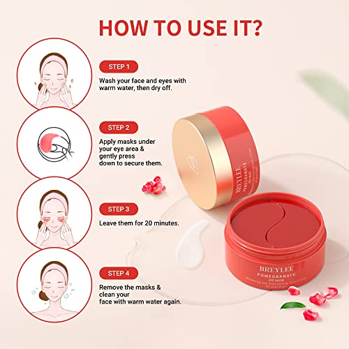 BREYLEE Red Pomegranate Eye Mask– 30 Pairs - Puffy Eyes and Dark Circles Treatments – Look Younger and Reduce Wrinkles and Fine Lines Undereye, Improve and Firm eye Skin - Pure Natural Material Extraction