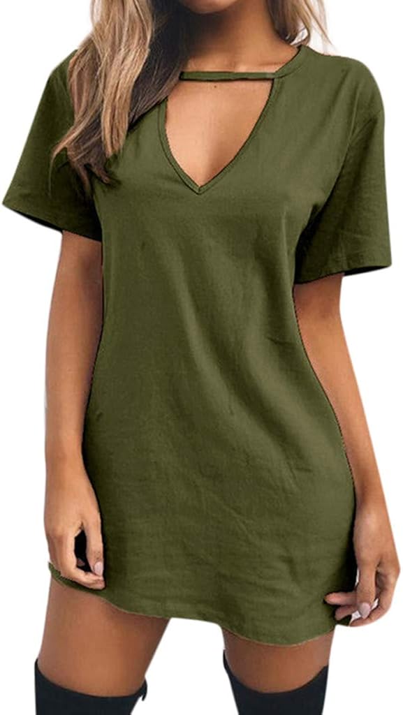 Womens Choker V Neck Long Tops T-Shirt Ladies Casual Party Mini Dress Blouse