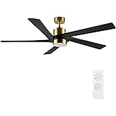 WINGBO 54 Inch DC Ceiling Fan with Lights and Remote Control, 5 Reversible Carved Wood Blades, 6-Speed Noiseless DC Motor, Modern Ceiling Fan in Brass Finish with Black Blades, ETL Listed