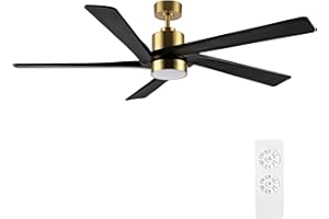WINGBO 64 Inch DC Ceiling Fan with Lights and Remote Control, 5 Reversible Carved Wood Blades, 6-Speed Noiseless DC Motor, Modern Ceiling Fan in Brass Finish with Balck Blades, ETL Listed
