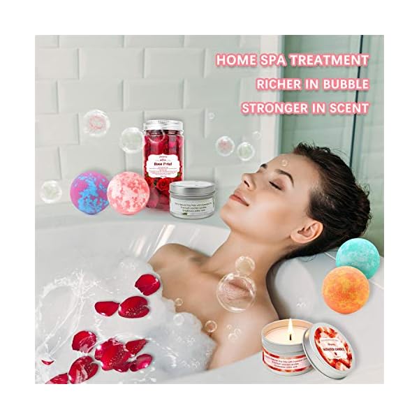 Panspace Bath Bomb Gift Set for Women, 4 Organic Bath Bombs with 2 Scented Candles & 1 Dried Rose Petals, Bubble Fizzies…