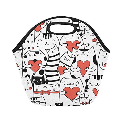 InterestPrint Insulated Lunch Tote Bag Cat with Red Heart Reusable Neoprene Cooler, Funny Kittens Love Portable Lunchbox Handbag for Men Women Adult Kids Boys Girls