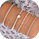 GIGB PBDK Silver Layered Heart Bracelets Set for Women,Dainty Stackable String Beads Bangles Adjustable Love Chain Link Bracelets Jewelry Accessories