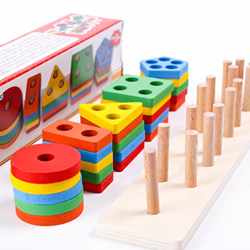 kizh Wooden Educational Preschool Toddler Toys Shape Color Recognition Geometric Board Blocks Stack Sort Chunky Puzzles 25 pcs for 1-5 Year Old Boys Girls Kids Baby Toddlers Children Non-Toxic Toy