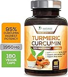 Turmeric Curcumin Supplement 1800mg with 95% Curcuminoids with Black Pepper Extract for Best Absorption, Organic Turmeric Powder by Nature's Nutrition - 180 Veg Capsules