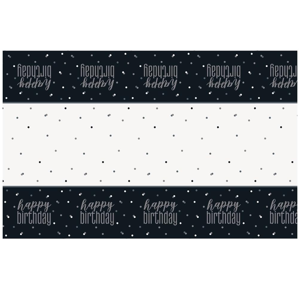 Glitz Black & Silver Happy Birthday Plastic Table Cover (137cm x 213cm) - Perfect Party Decor for Birthday - 1 Pc