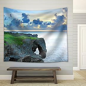 Sunset with Rock, Okinawa, Manzamo - Fabric Wall Tapestry Home Decor - 51x60 inches