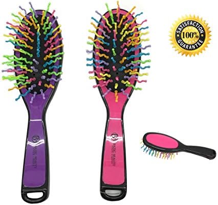 Professional Rainbow Bristles Detangling Hair Brush for Adults or Children Use As Comb or Hair Brush 2Pk (R-Purple&amp;Pink)