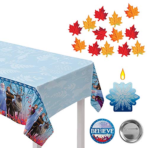 Mega Frozen 2 Birthday Party Supplies and Decoration Pack For 16 With Frozen 2 Dinner and Dessert Plates, Napkins, Cups, Tablecover, String Deco, Table Decoration Kit, Candle, Leaves, and Frozen Pin