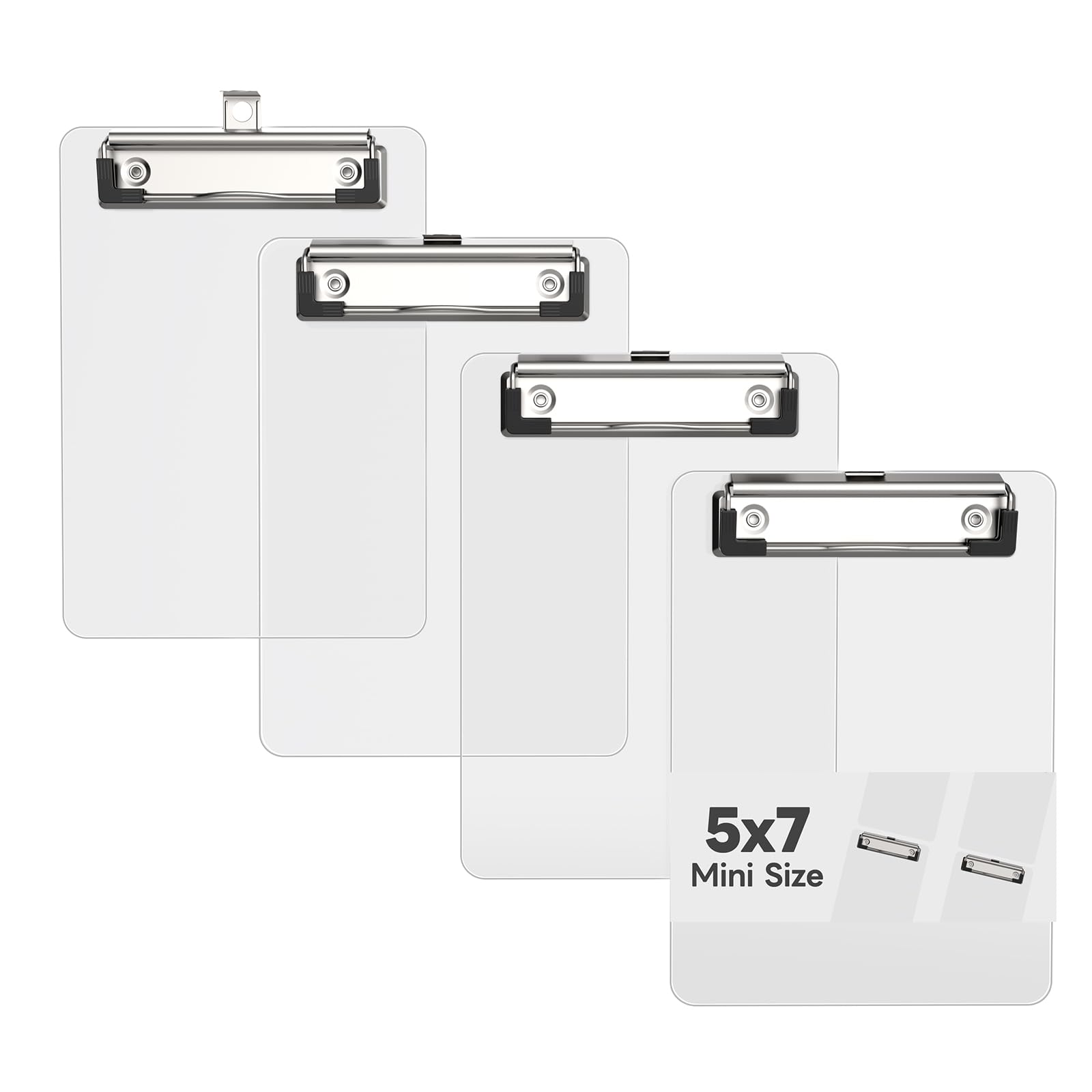 Photo 1 of Juvealoe Mini Clipboard Set of 4, 5 x 7 Plastic Small Clear Clip Boards with Low Profile Clip, Memo Size for Classroom, Teacher, Students, School & Office Supplies