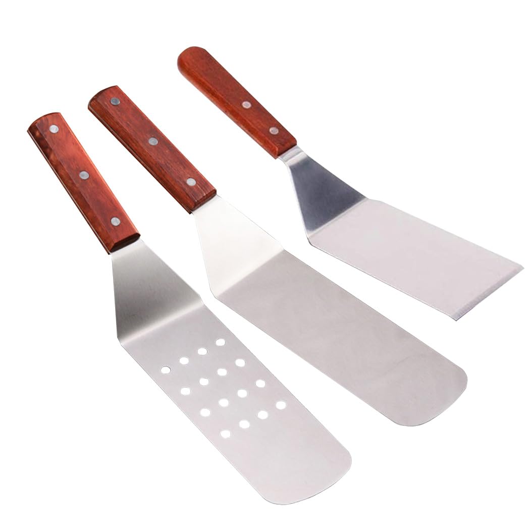 Voarge Stainless Steel Spatula Set, 3 Pieces/Set Stainless Steel Pizza Shovel Lifter Cutter Grill Turner Back Spatula Cooking Tool with Wooden Handle Non-Slip for Teppanyaki Grills and Baking Trays