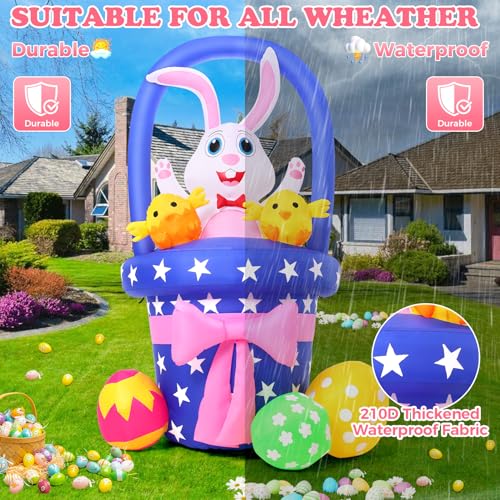 Easter Inflatable Bunny Outdoor Decorations, Blow Up Easter Rabbit with Basket, Chick & Colorful Eggs, Built-in LED Lights Yard Decoration for Indoor Outside (6FT Bunny with Basket)