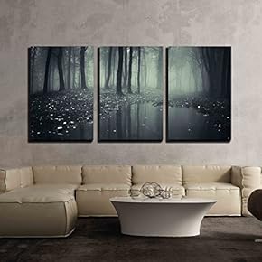 3 Piece Canvas Wall Art - Pond in a Forest with Fog and Fallen Leafs - Modern Home Art Stretched and Framed Ready to Hang - 16"x24"x3 Panels