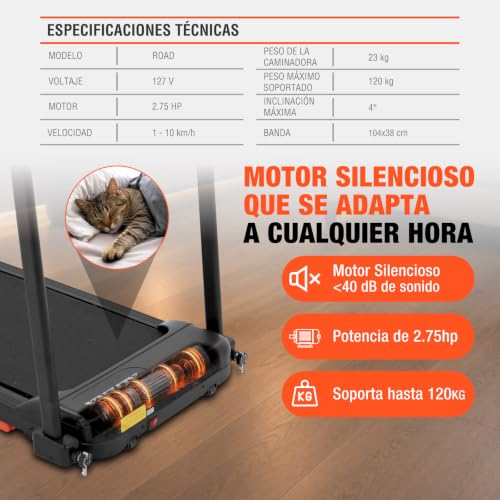 Altera Road - Caminadora Eléctrica con Bluetooth 2.75 HP | Negro, 120 kg, Velocidad 1-10 km/h, Bluetooth, Inclinación Manual 2 Niveles, Banda 104 x 38 cm, Compatible con Apps Fitness