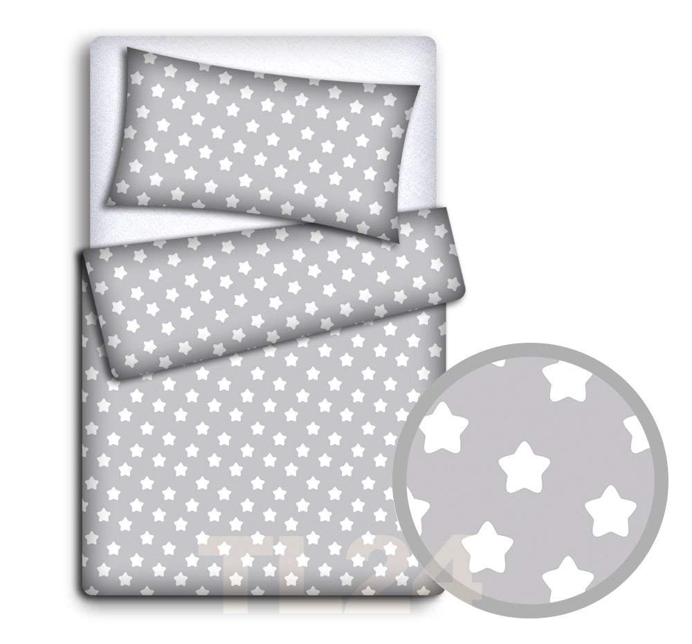 Baby Newborn Bedding Set Pillowcase + Duvet Quilt Cover 2 Piece to Fit Cot Crib Cradle Pram 135x100cm (Big white stars on grey background)