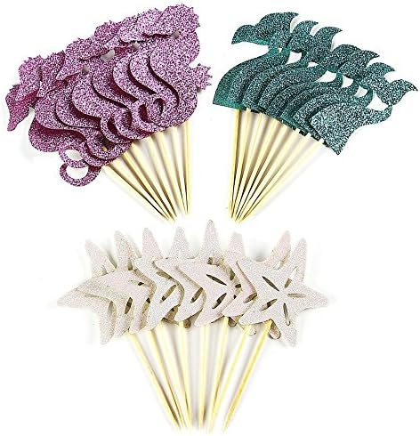 Tiffnia 24 Pcs Mermaid Them Glitter Cupcake Topper Cake Picks Cake Decoration for Baby Shower Birthday Party Favors, Mermaid Tail, seahorse and Starfish Food Picks