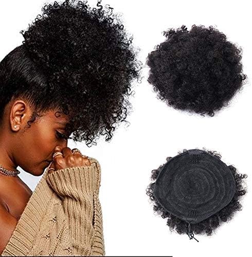 Afro Kinky Curly Ponytail Human Hair, Golden Rule Natural African Puff Drawstring Ponytail HairPieces African Hair Extension Wig with Clips(Black)