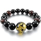 INBLUE Men,Women's 12mm Energy Bracelet Link Wrist Energy Stone Black Gold Tone Dragon Buddha Mala Bead