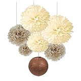 SUNBEAUTY Pack of 7 Cream Tan Color Tissue Paper Pom Poms Brown Paper Lanterns Party Wedding Birthday Decorations