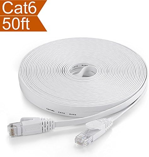 CelerCable - Flat Ethernet Cable Cat6 50ft with Snagless RJ45 Connectors, Slim Network Cable Flat Cat 6 Ethernet Patch Cable, Internet Patch Cable Computer Networking Cord, 50 Feet (White)