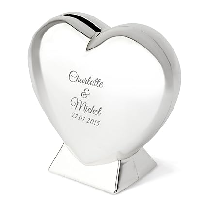 Herz-Spardose mit Gravur | schöne Spardose Herz zur Hochzeit oder Einem gemeinsamen romantischen Anlass | Silber, 9cm