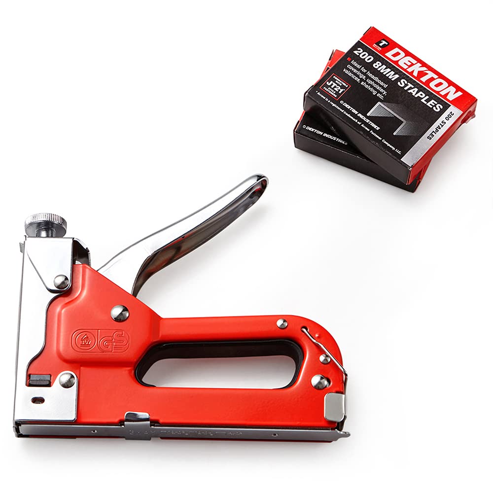 Dekton 3 In 1 Staple Gun With Staples-Durable Steel Body With Impact Adjuster| Non Slip Rubber Grip Handle| One Handed Operation| Handle Lock For Safety| Built In Staple Remover| Ideal For Padding-DIY