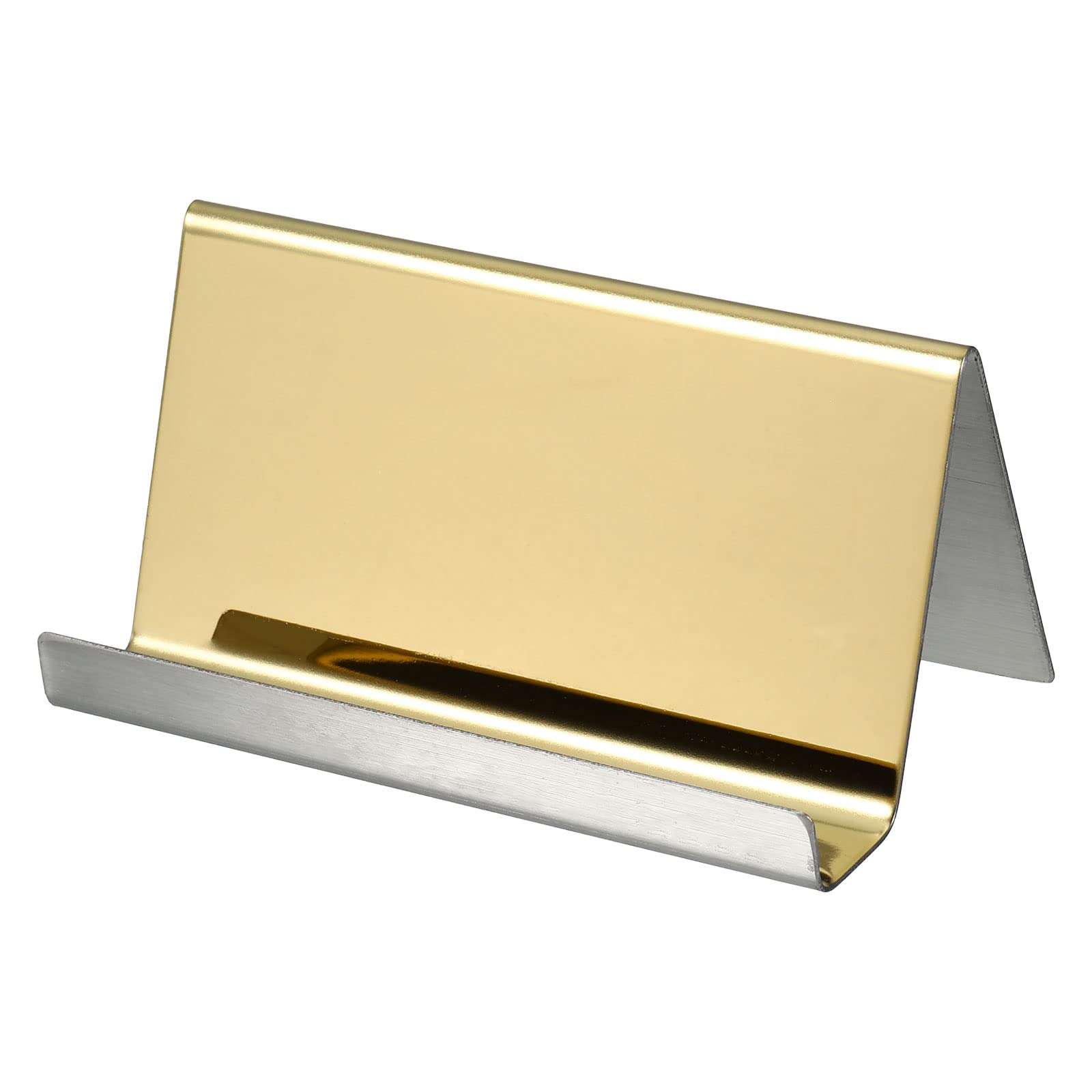 PATIKIL Business Card Holder, Reflective 304 Stainless Steel Desktop Name Cards Display Stand for Office Desk, Gold